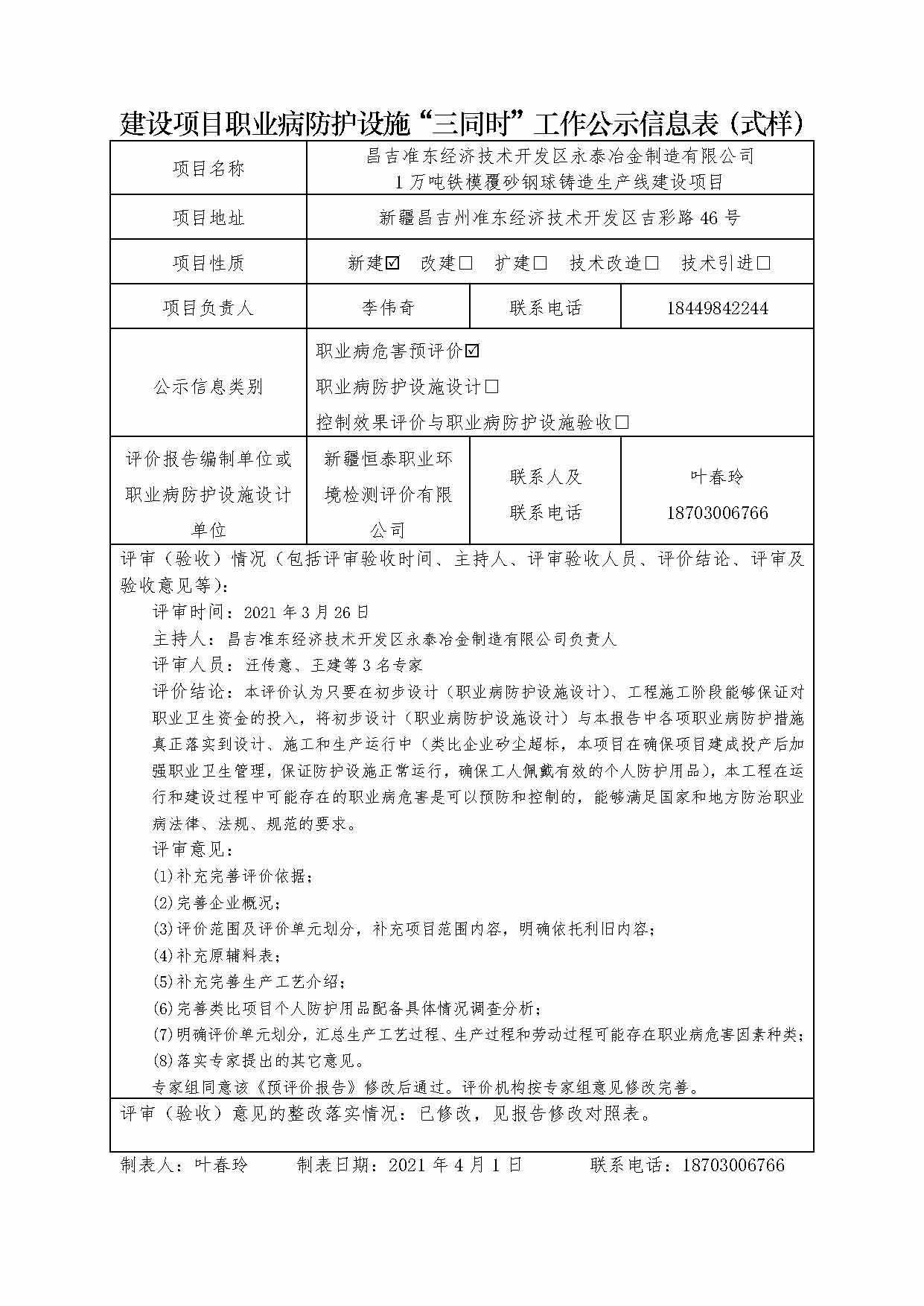 昌吉準(zhǔn)東經(jīng)濟(jì)技術(shù)開(kāi)發(fā)區(qū)永泰冶金制造有限公司 1萬(wàn)噸鐵模覆砂鋼球鑄造生產(chǎn)線建設(shè)項(xiàng)目職業(yè)病危害預(yù)評(píng)價(jià)